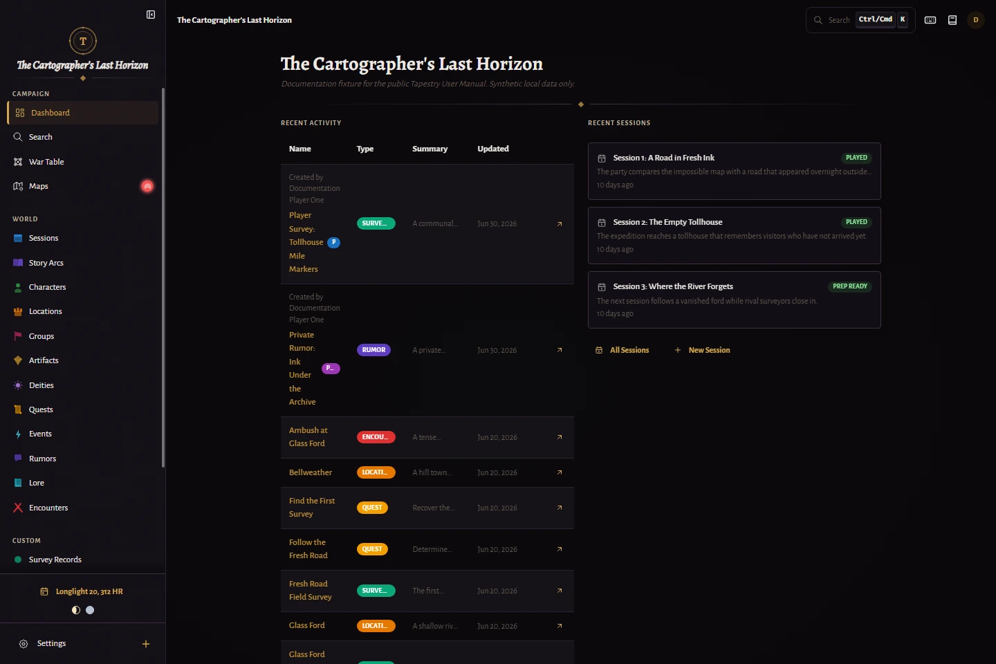 The documentation campaign dashboard showing recent activity, recent sessions, and the sidebar navigation.