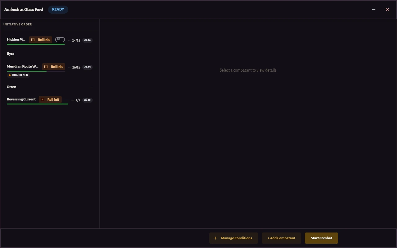 The Ambush at Glass Ford combat tracker showing initiative order, a hidden combatant, a damaged opponent, and a Frightened condition.
