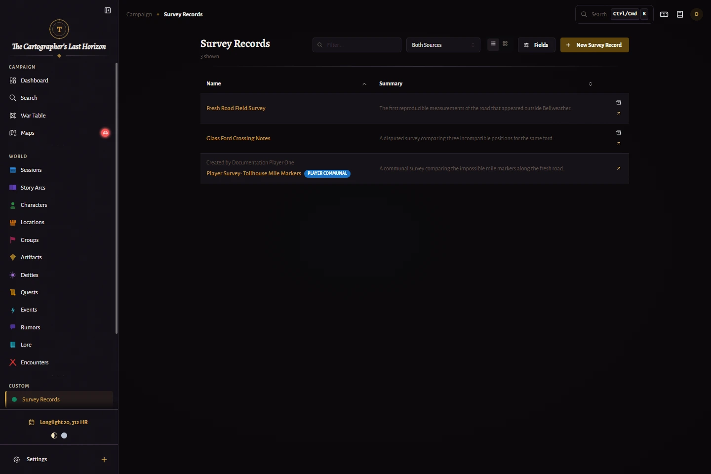 The Survey Records custom entity list showing three records, including a player-communal survey.