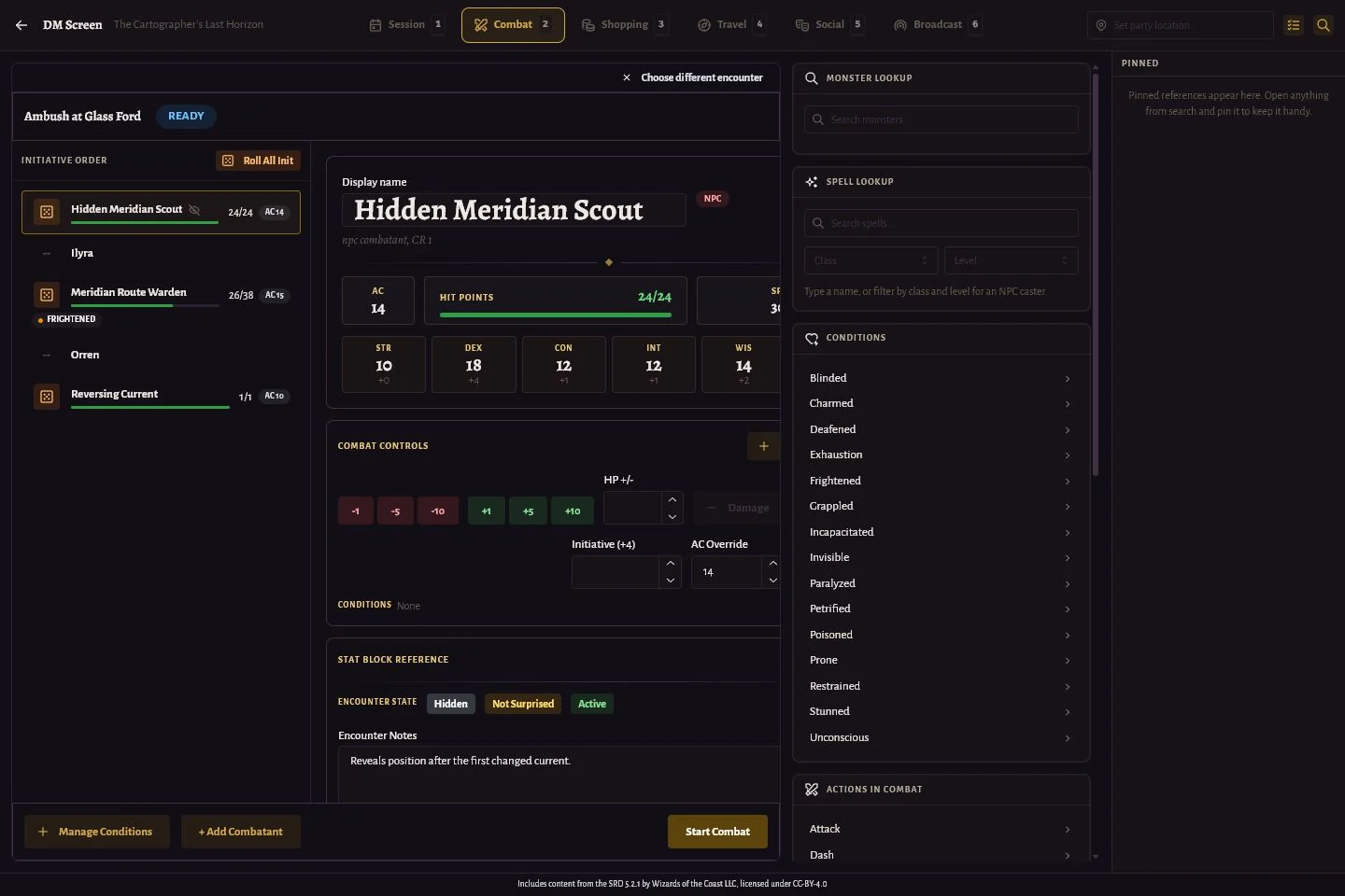 The DM Screen in Combat mode with Ambush at Glass Ford loaded, six mode tabs across the top, reference tools, and the pinned-reference dock.
