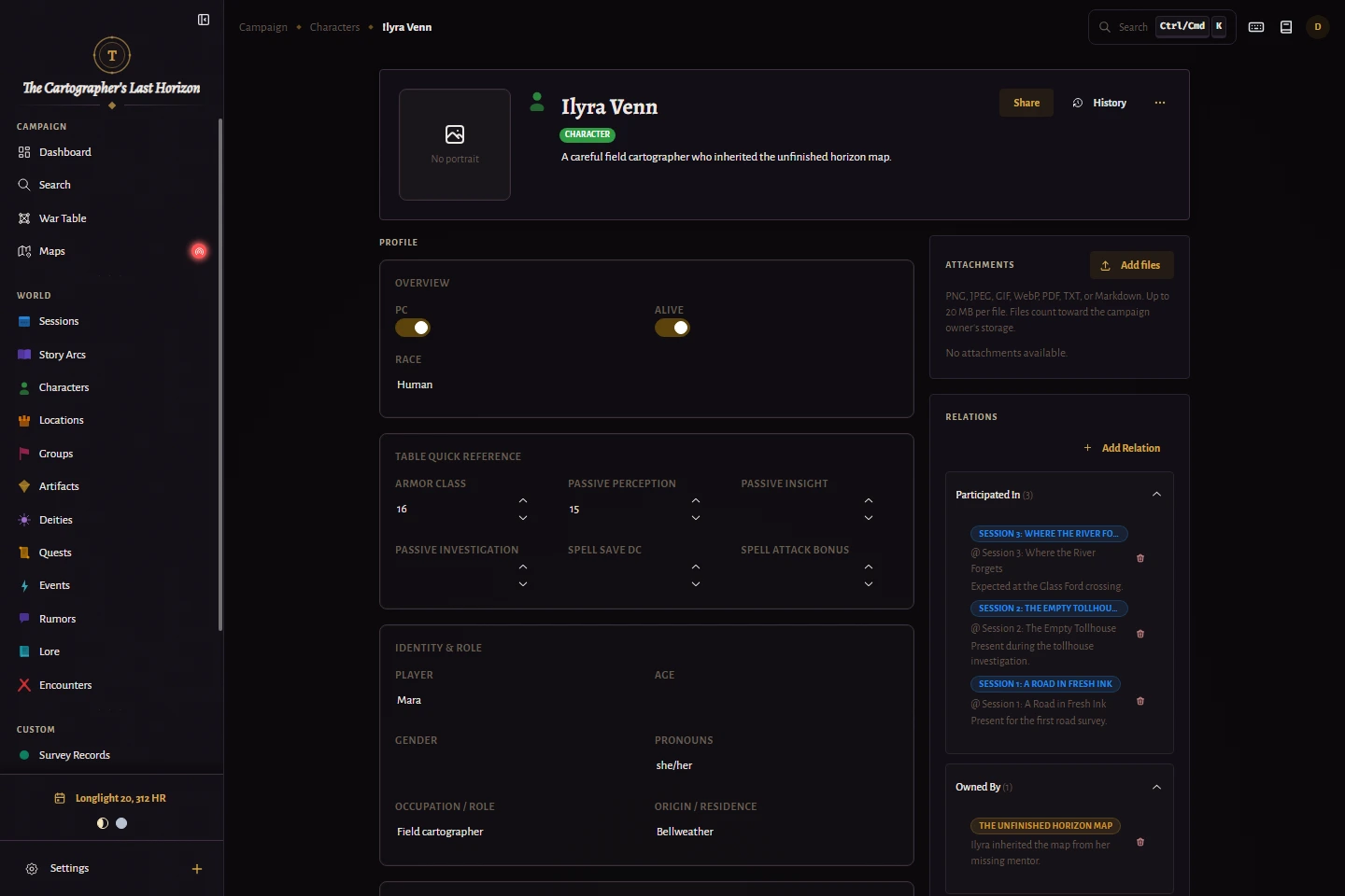 The Ilyra Venn character page showing profile fields, an attachments panel, and a Relations panel of linked sessions and an owned map.