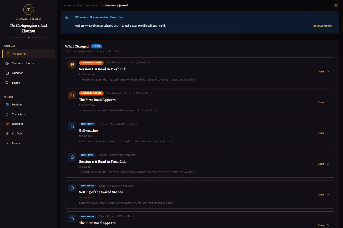 The View as Player preview for Documentation Player Two, a read-only list of the content currently shared with that player.