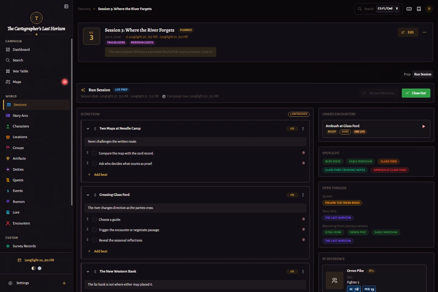 Session 3 in Run Session mode showing the live scene flow, linked encounters, spotlight, open threads, and a PC reference panel.