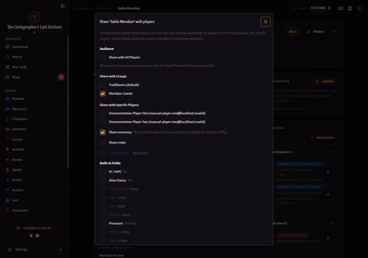 The share dialog for Sable Meridian with the Meridian Guests group selected and only the summary field shared.