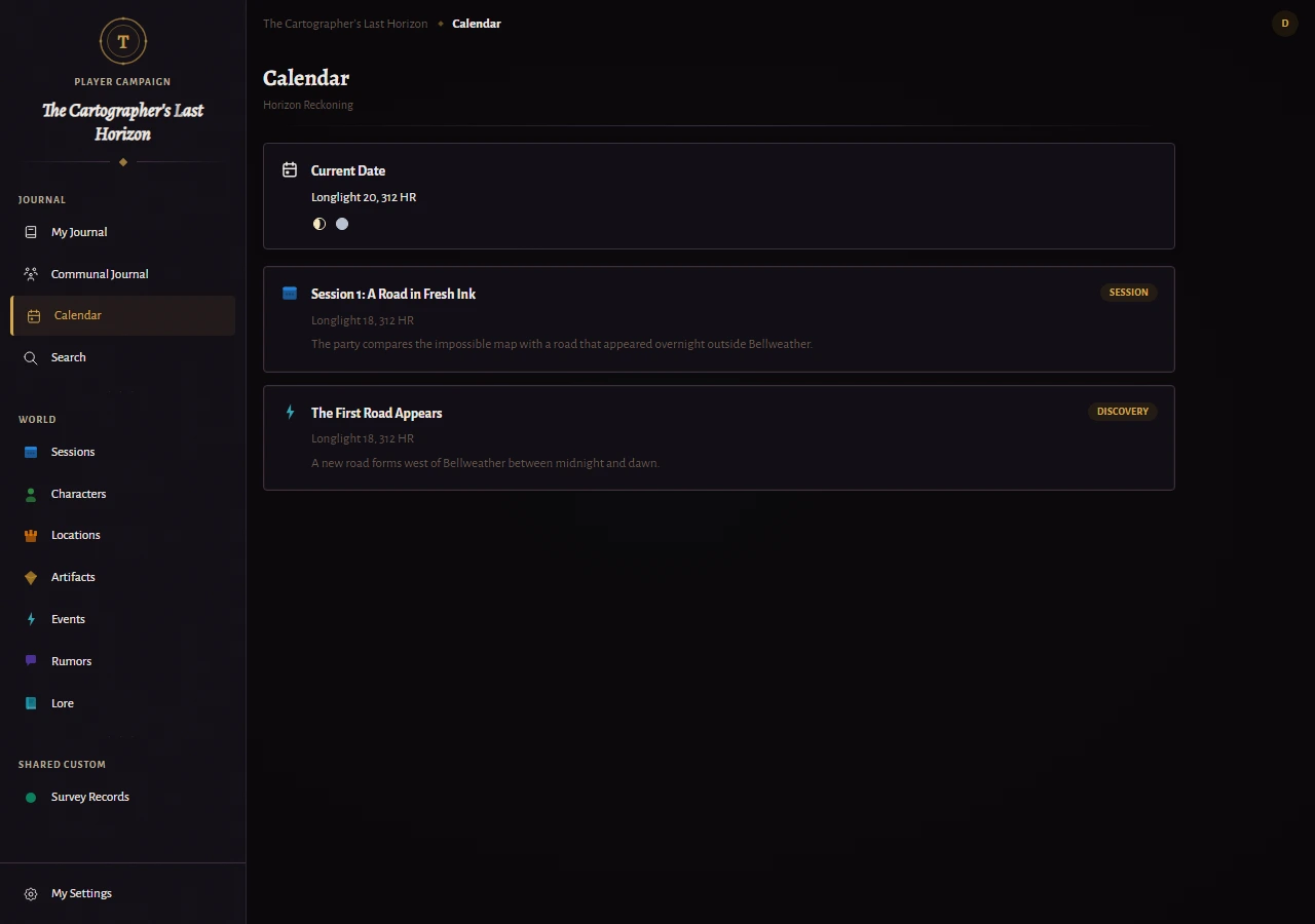 The player calendar showing the current campaign date with moon phases and upcoming shared events.