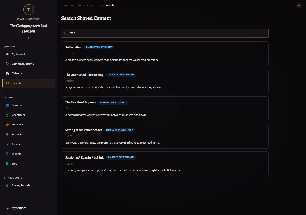 The player search page with the query road returning only content the DM has shared with the party.